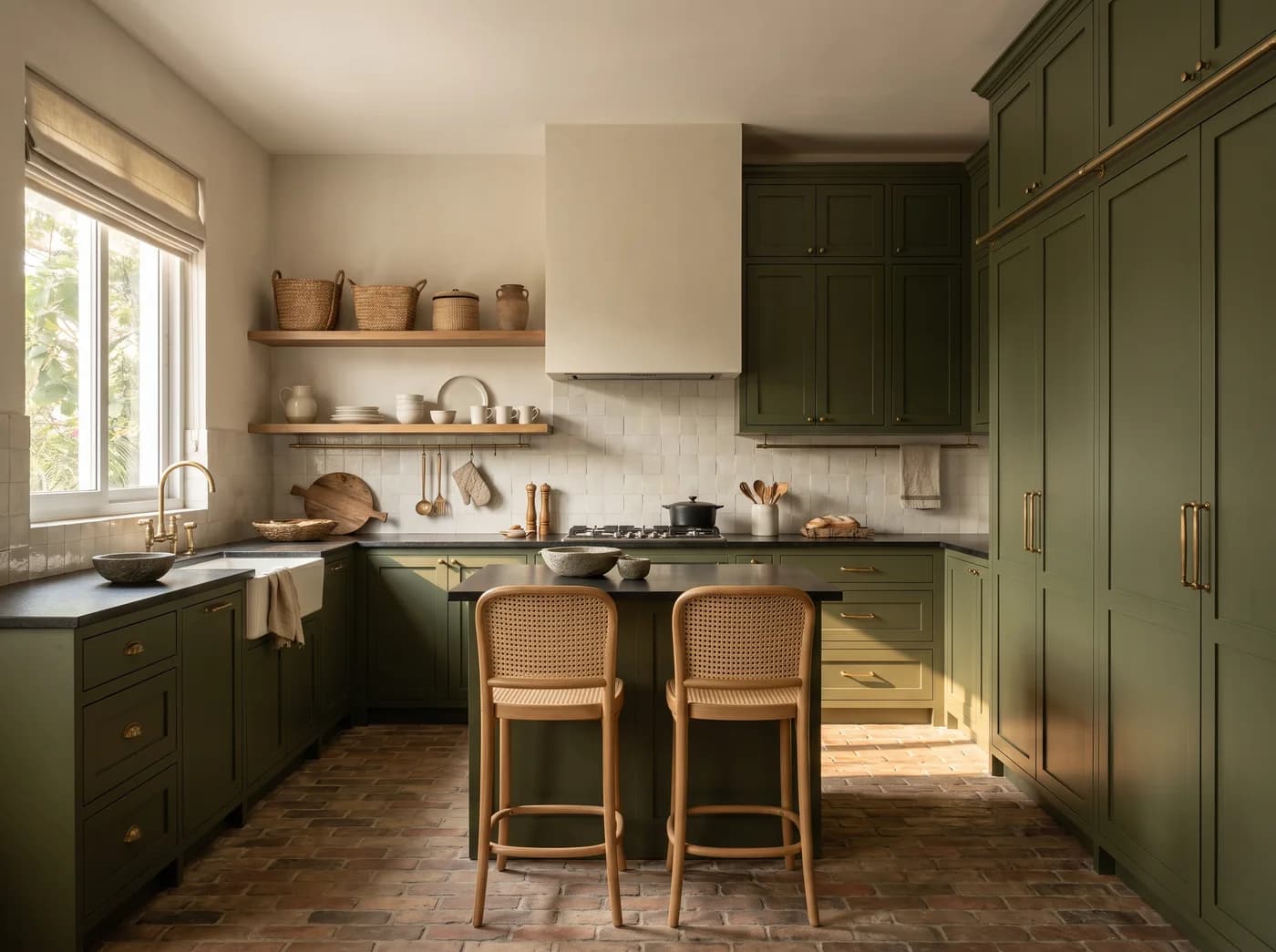Daylit kitchen with framed olive-green cabinetry and brass cup pulls, a tall-unit wall to the ceiling with long brass pulls, leathered black granite counters, a white fireclay apron sink with a brass bridge mixer under a window with a linen roman blind, ivory zellige up to two oak open shelves, a plaster hood over the hob, an island with two cane stools and a terracotta brick floor