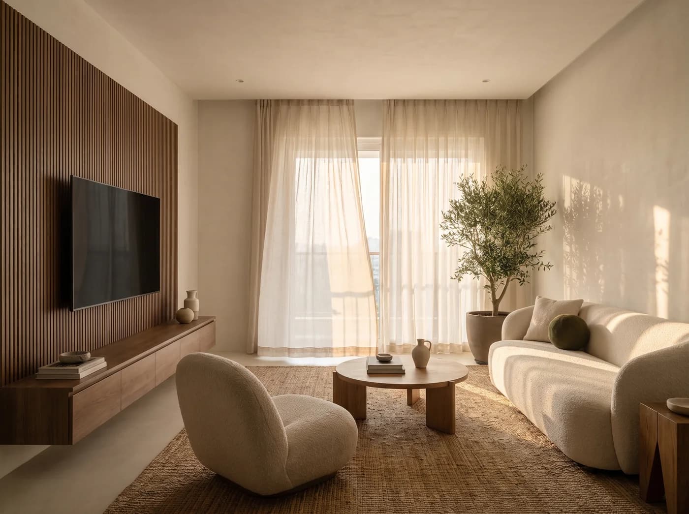 Sunlit Japandi living room with a fluted oak media wall and floating console, a curved ivory bouclé sofa, a bouclé lounge chair, a round oak coffee table on a jute rug, sheer curtains on a sliding door, an olive tree and a pale micro-cement floor
