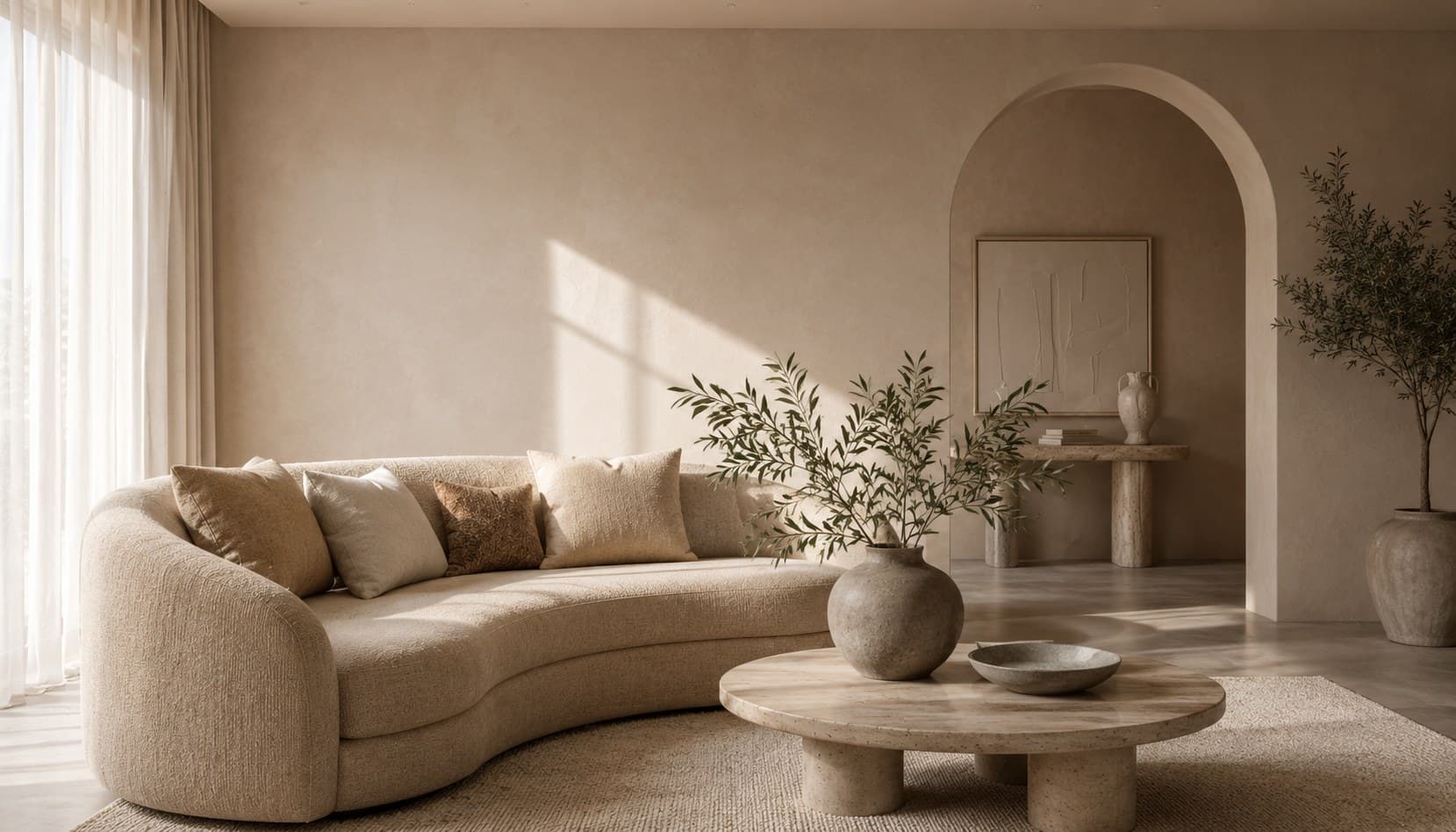 Sunlit minimalist living room with olive tree and curved boucle sofa