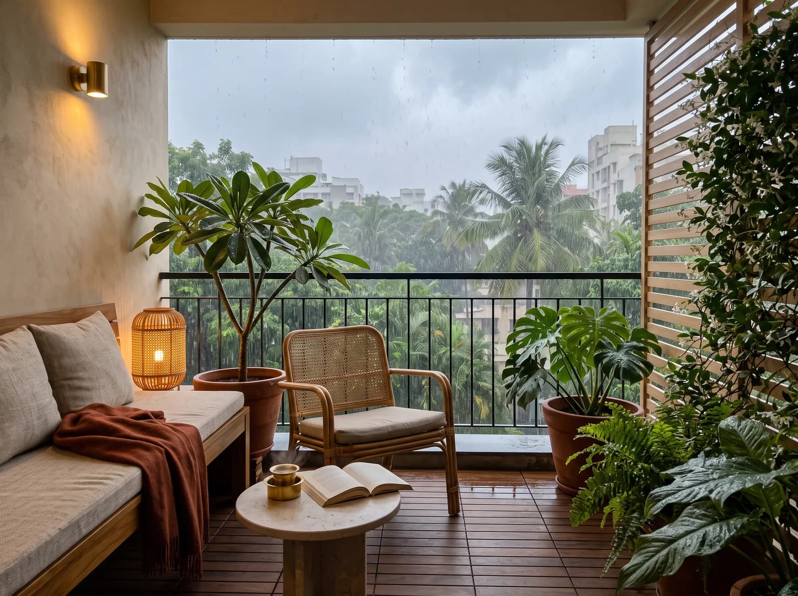 Covered apartment balcony in Bengaluru monsoon rain: teak deck tiles, a built-in teak bench with oatmeal cushions and a rust throw, a cane armchair, a limestone side table with a brass filter-coffee tumbler and an open book, a frangipani and a monstera in terracotta pots, a slatted oak screen with jasmine, a glowing rattan lantern and a brass wall light on a lime-plaster wall, rain-soaked palms and the city beyond a black railing