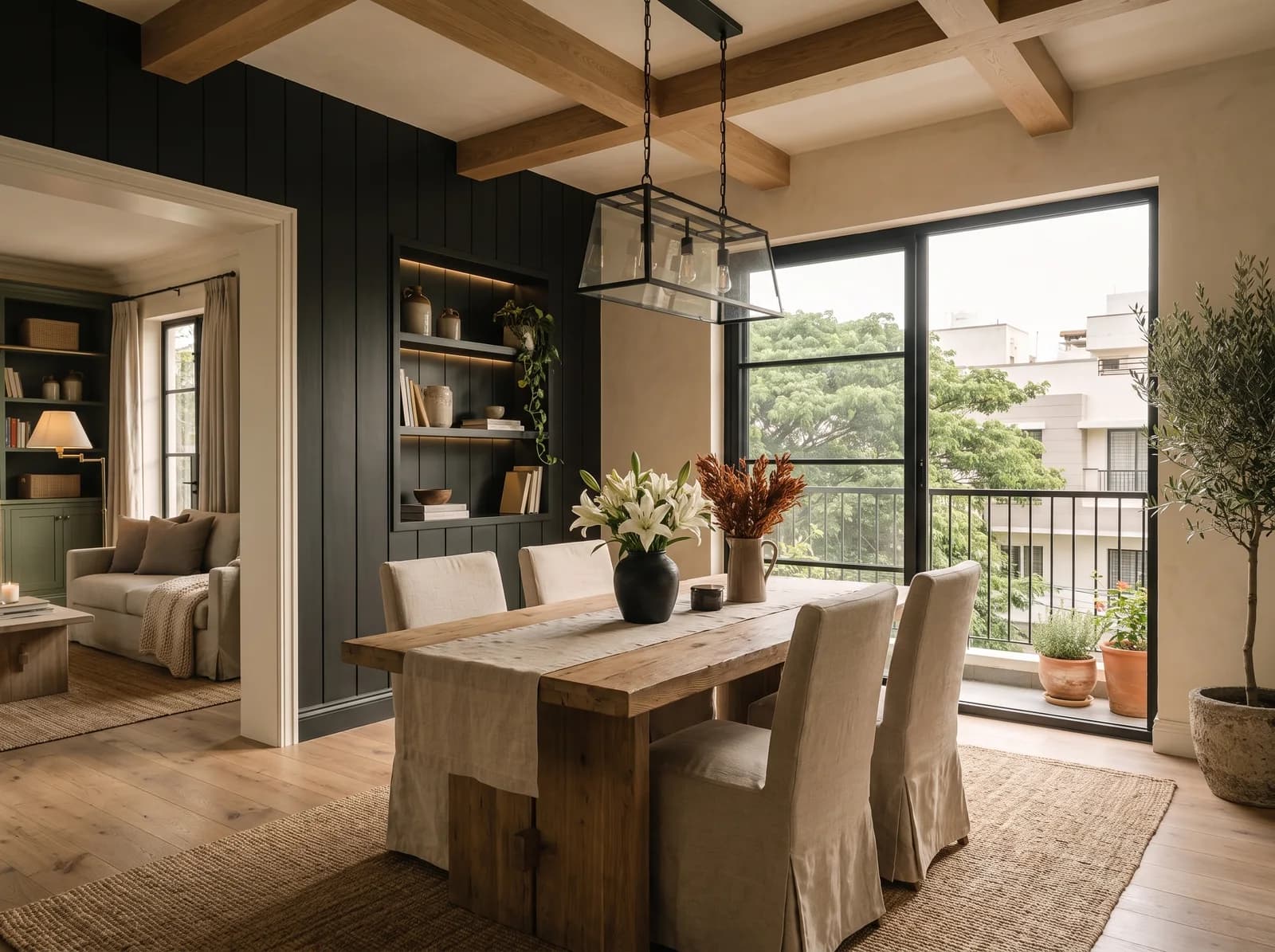 Daylit dining room with one black board-and-batten wall holding a lit shelf niche, a grid of oak box beams, a black iron linear lantern over a thick reclaimed oak table with oatmeal slipcovered chairs, a jute rug, an olive tree and a bare black steel sliding door onto a balcony of plants