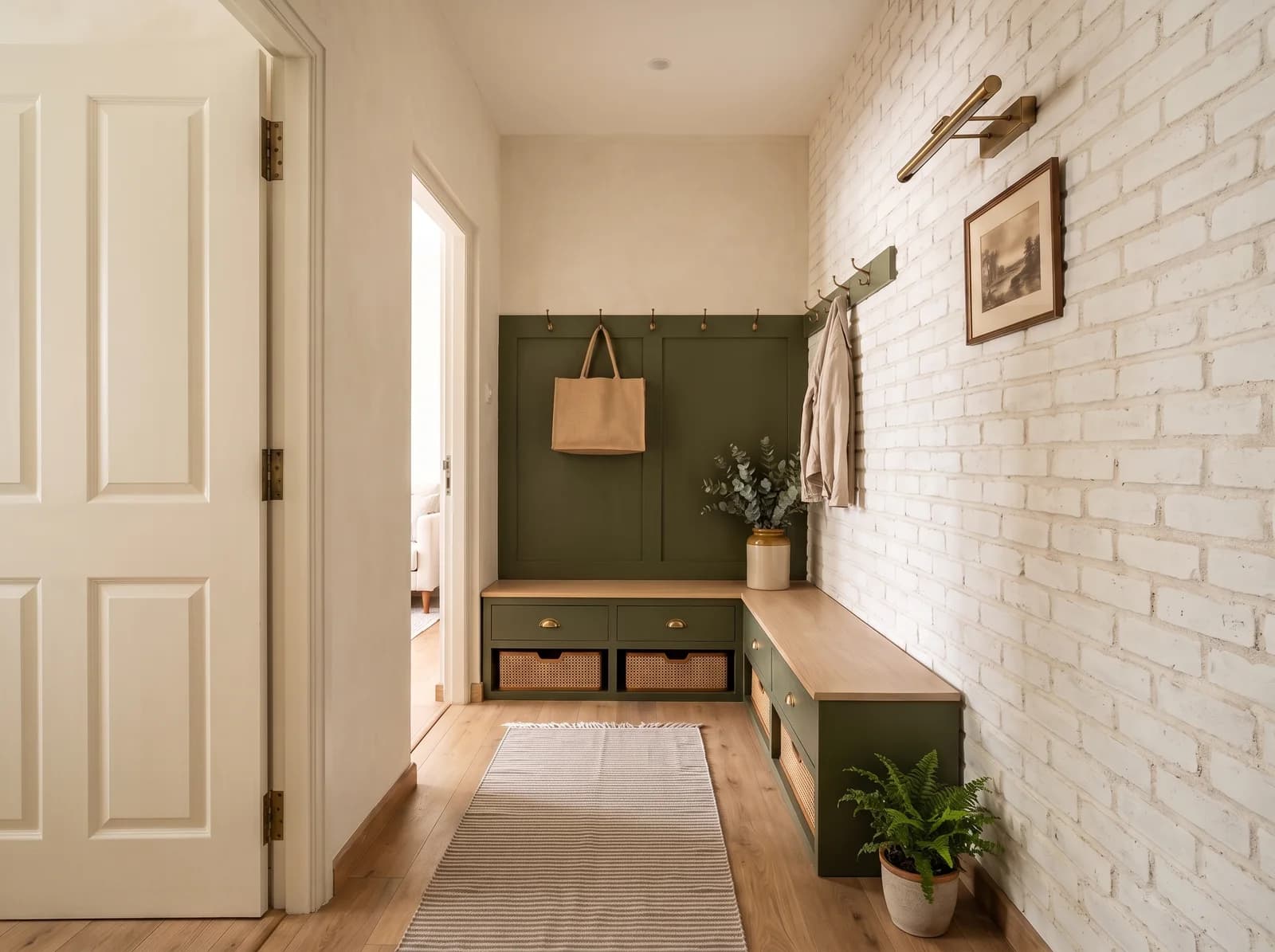 Compact apartment lobby with a warm-white four-panel main door on brass hinges, a whitewashed brick wall carrying a brass picture light and a framed sepia landscape, an olive shaker bench with shoe drawers, brass cup pulls and cane baskets, brass hooks with a jute tote and a linen jacket, a jar of eucalyptus, a fern, a striped dhurrie runner and the living room through the doorway