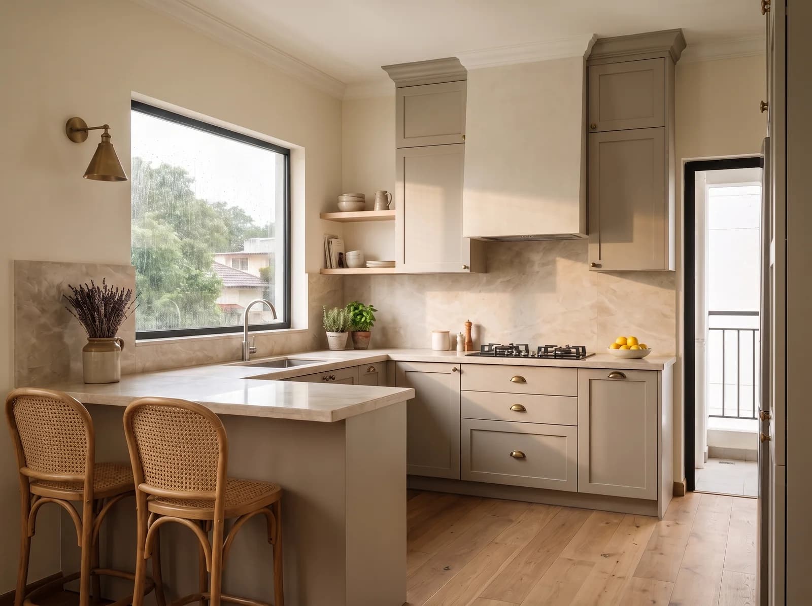 Apartment kitchen with mushroom-greige shaker cabinets and aged brass pulls, beige marble-look quartz counters and splash, a plaster hood over the hob, pale oak shelves, a breakfast peninsula with two cane stools, a brass cone sconce by a black sliding window with a grille and the utility balcony beyond