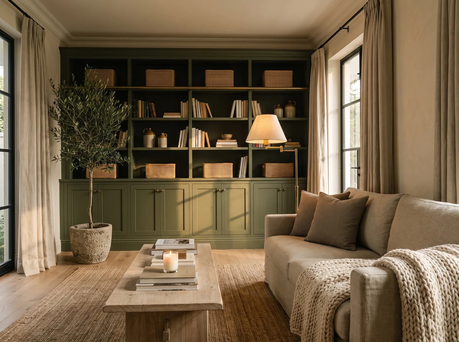 Living room with a full-height olive-sage shaker library wall of books and cane baskets under a plaster cornice, a brass gallery rail along the shelves, an aged brass swing-arm floor lamp, a deep linen sofa, a thick reclaimed oak coffee table, a jute rug and an olive tree in a stone planter in late sun