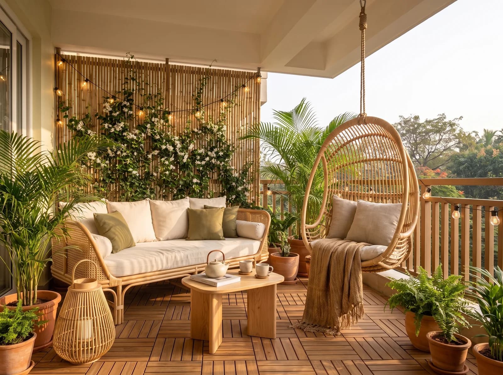 Japandi balcony with teak deck tiles, a cane sofa, a hanging rattan chair, a bamboo screen with jasmine, terracotta pots and string lights