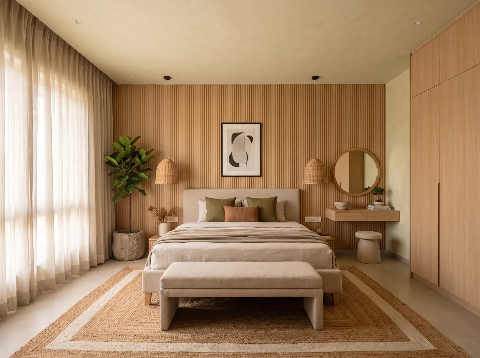 Japandi primary bedroom with an oak slat headboard wall, rattan pendants, a linen bed with an olive throw and a small oak vanity