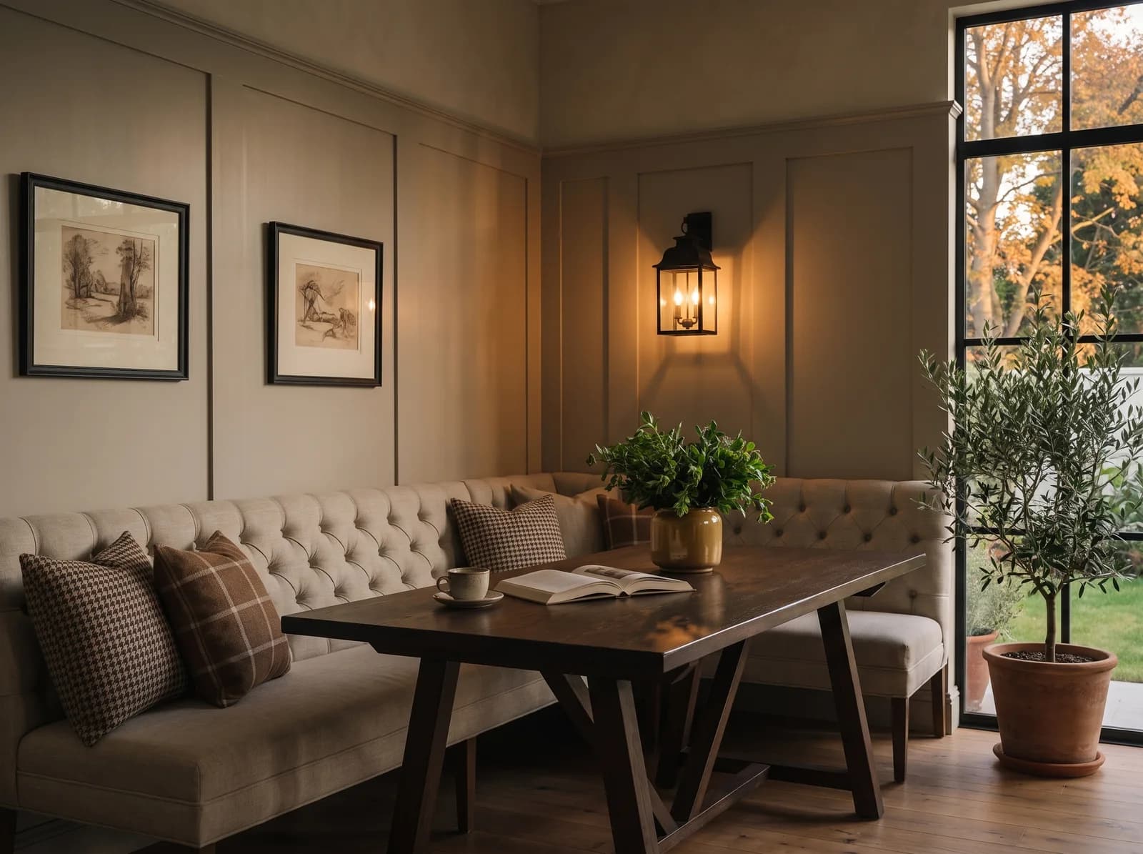 Dining corner at dusk with greige panelled walls, a tufted oatmeal linen banquette with houndstooth and check cushions, a dark-stained oak trestle table with a coffee cup and a book, a black iron lantern sconce glowing, two black-framed sepia sketches, a gold pot of greenery and a tall black steel window onto autumn trees