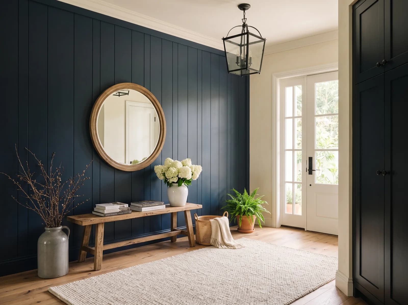 Daylit foyer with a full-height navy board-and-batten wall, a reclaimed oak console bench with books and a white vase of hydrangeas, a round oak mirror, a black iron lantern pendant, a grey stoneware urn of branches, a fern in a terracotta pot, a cream wool rug, black shaker shoe lockers and the glazed front door