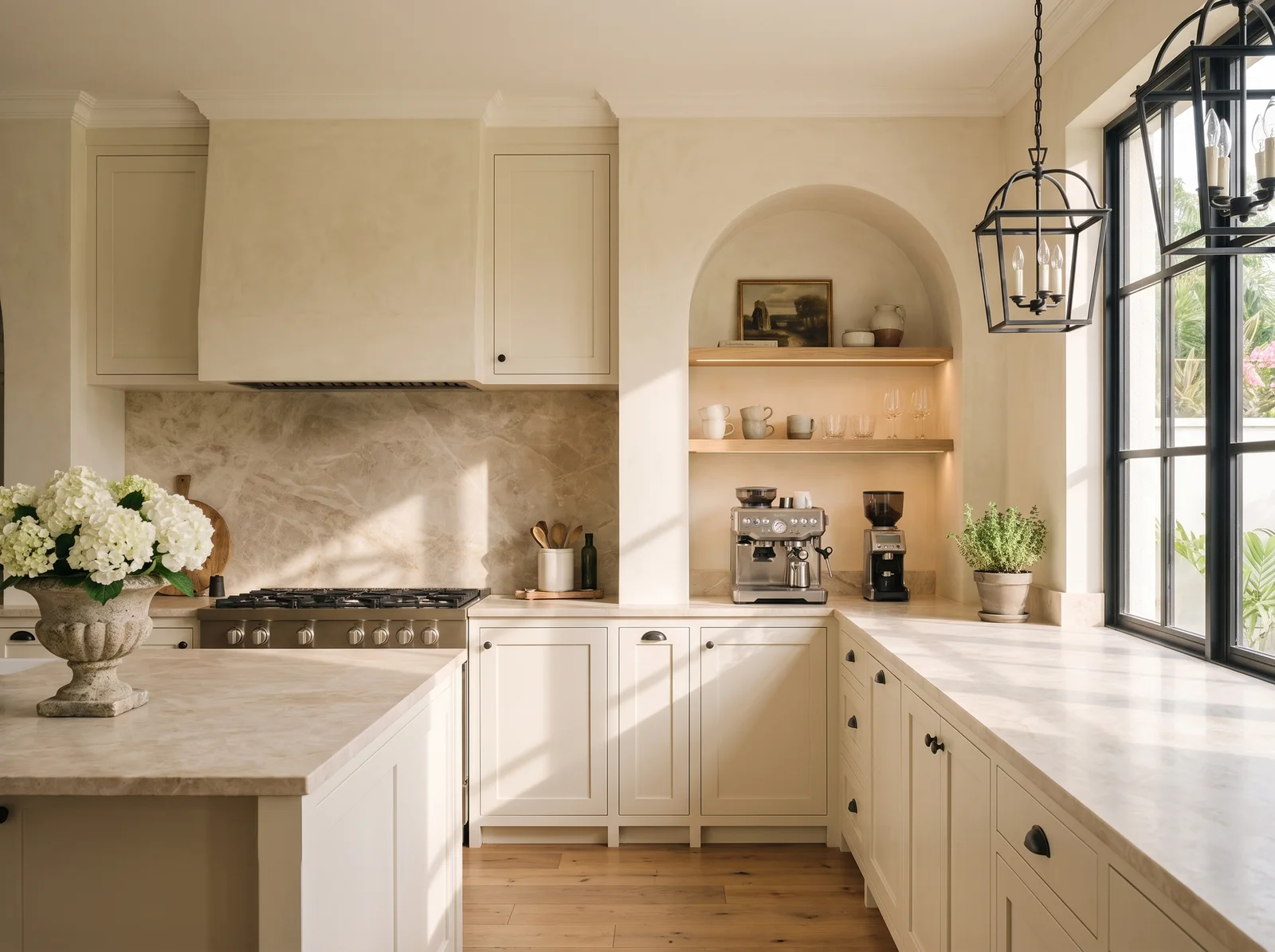 Daylit kitchen with cream shaker cabinets to the ceiling and black iron cup pulls, beige marble-look quartz counters and splash, a plaster hood over a steel range-top, an arched plaster coffee-bar niche with lit oak shelves, a marble island with hydrangeas, black iron lanterns and a black steel window