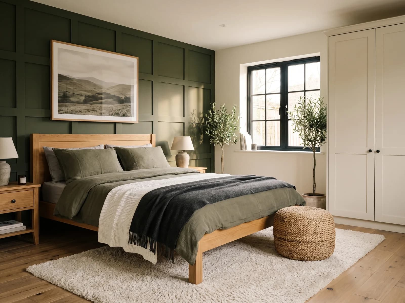 Primary bedroom with a deep olive grid-panelled wall, a solid oak bed in olive and grey linen with a white knit throw and a charcoal wool blanket, oak bedside tables with stoneware lamps, a framed landscape above the bed, cream shaker wardrobes, a seagrass pouf on a cream shag rug and an olive tree either side of a black steel window