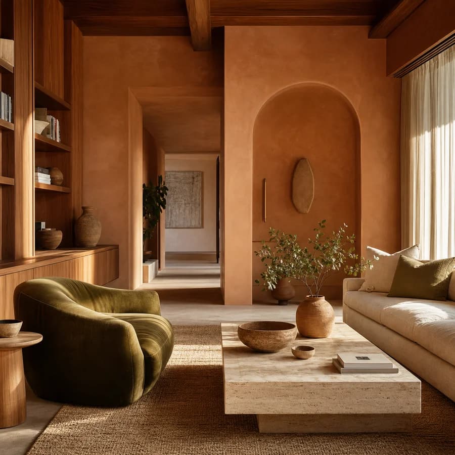 Earthy modern room with terracotta plaster, walnut, and olive velvet
