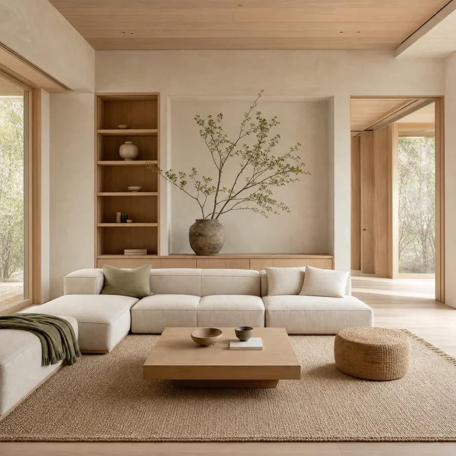 Japandi living room with pale oak, warm linen, and sculptural greenery