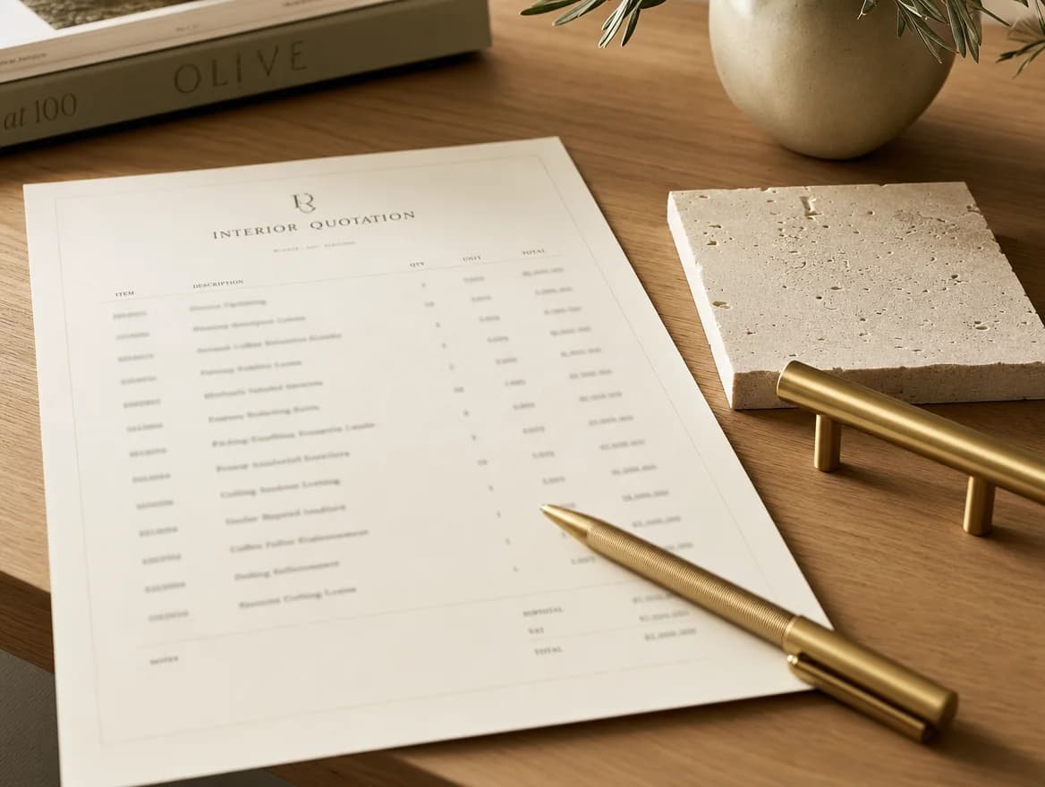 An itemised interior quotation on cream paper on an oak desk, with a brass pen, a travertine sample and a brass drawer pull