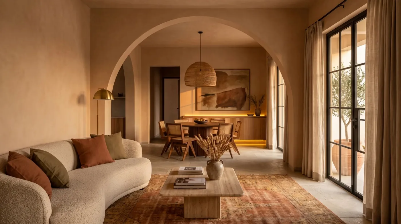 A fifteen-second 3D walkthrough gliding through a warm plaster living room, past a curved boucle sofa toward the arch and the dining table under its rattan pendant