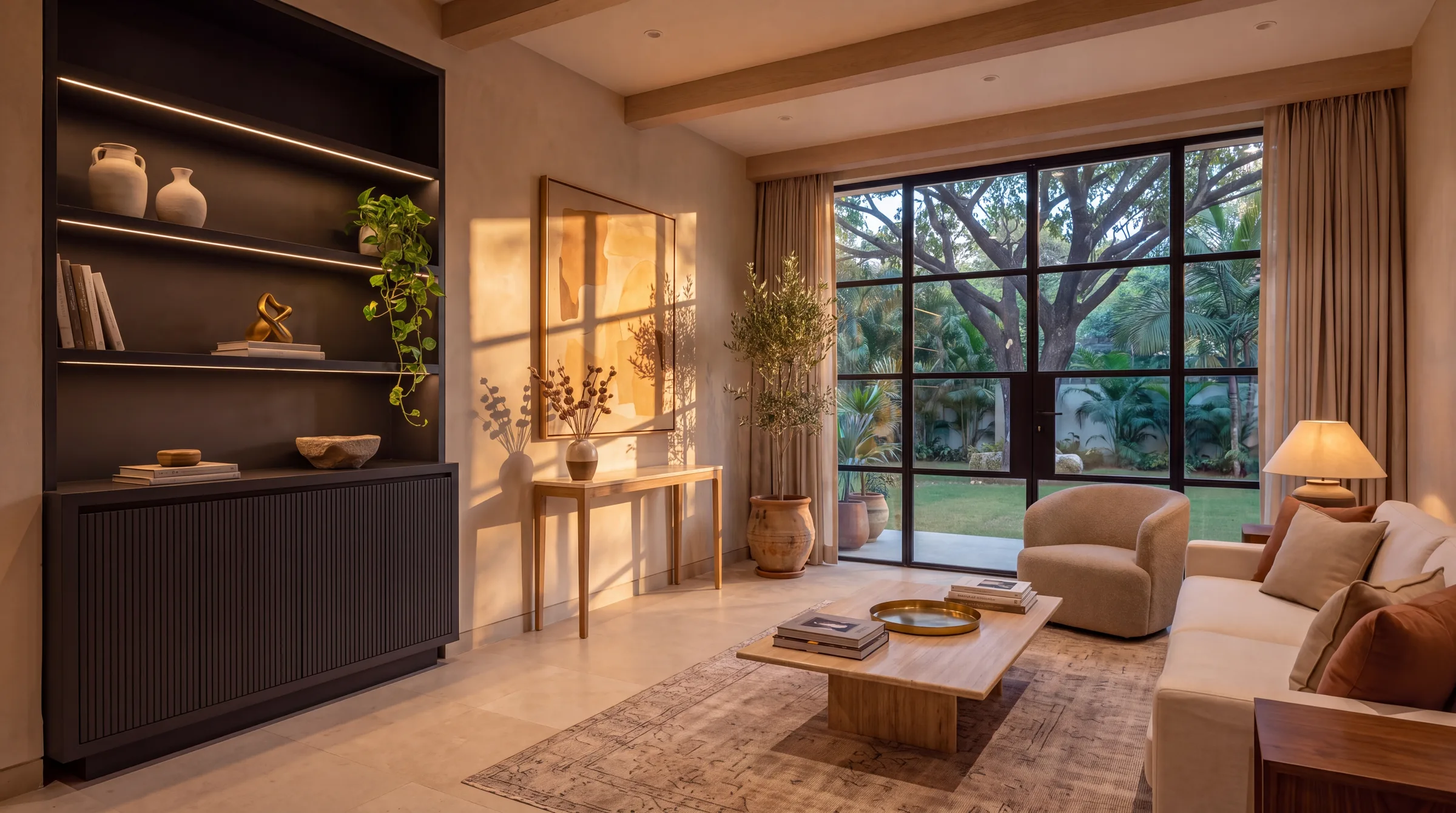 Golden-hour living room with a charcoal fluted wall unit, an oak console under an abstract painting, an olive tree beside a steel-framed window onto a garden, and an ivory linen sofa